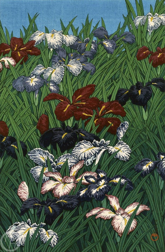 川瀬巴水作「菖蒲の花」、木版画、ジクレー、版画、アジア美術、風景画