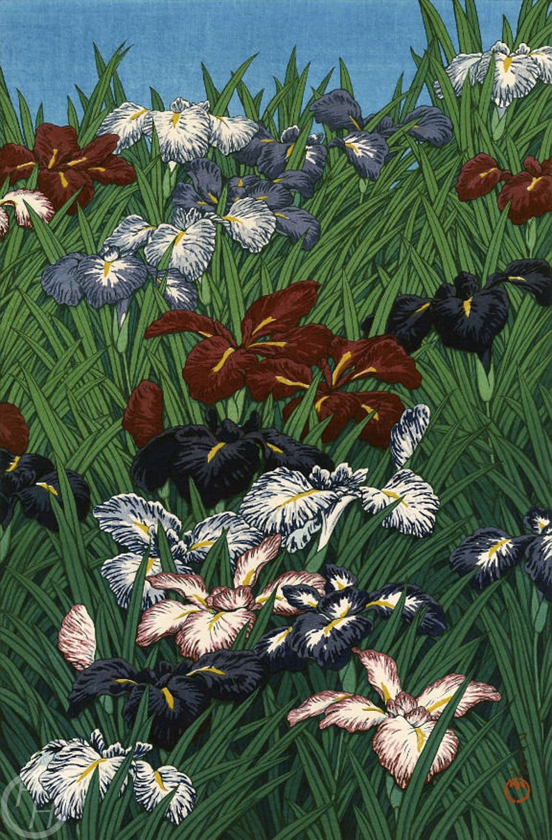 川瀬巴水作「菖蒲の花」、木版画、ジクレー、版画、アジア美術、風景画