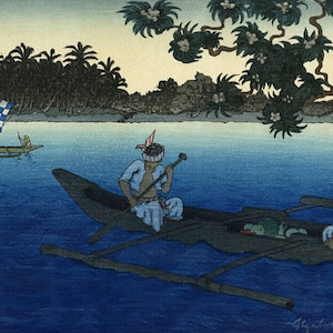 May include: A woodblock print depicting a scene of two people in a canoe on a body of water. The canoe is a traditional outrigger canoe with a single outrigger. The people are wearing traditional clothing and are paddling the canoe. In the background, there is a lush tropical island with palm trees and a village. The sky is a light blue color and the water is a deep blue color.