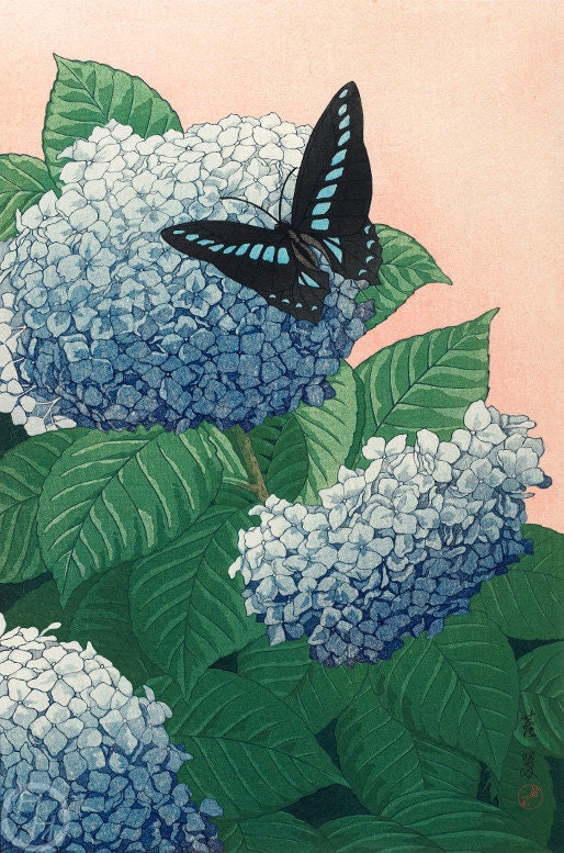 犬塚泰水作「紫陽花」日本美術版画、木版画、ジクレー、版画、美術