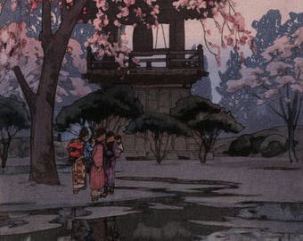 真作 吉田博 木版画 「夜桜」 自刷