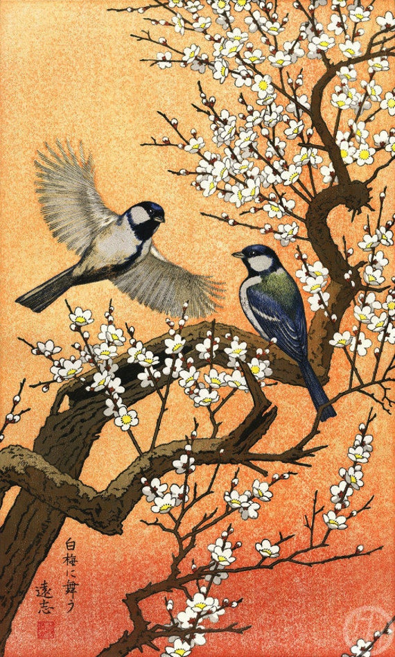 Japanese Art Birds On Peach Tree Blossom Japanese Woodblock Japanese Art Birds On Peach Tree Blossom Japanese Woodblock