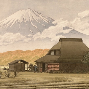 Japanese Art Print &quot;Mount Fuji, Narusawa&quot; by Kawase Hasui, woodblock, giclée, print, landscape, fall, Autumn, Fuji, mountain, clouds