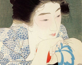 橋口五葉による日本のアートプリント「夏の着物を着た若い女性」、木