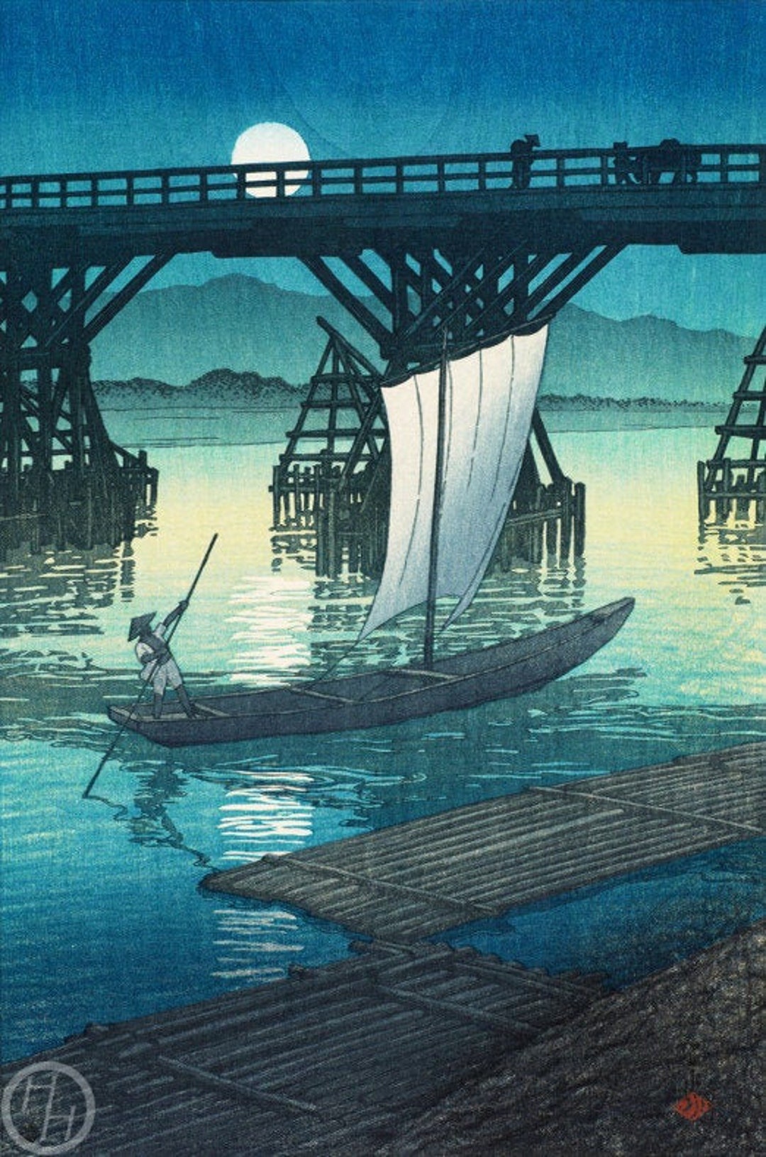 川瀬巴水作「小千谷旭橋」、木版画、ジクレー、版画、文化芸術