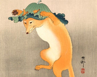 小原古邨作「蓮の葉の帽子をかぶった踊る狐」日本美術版画、木版画