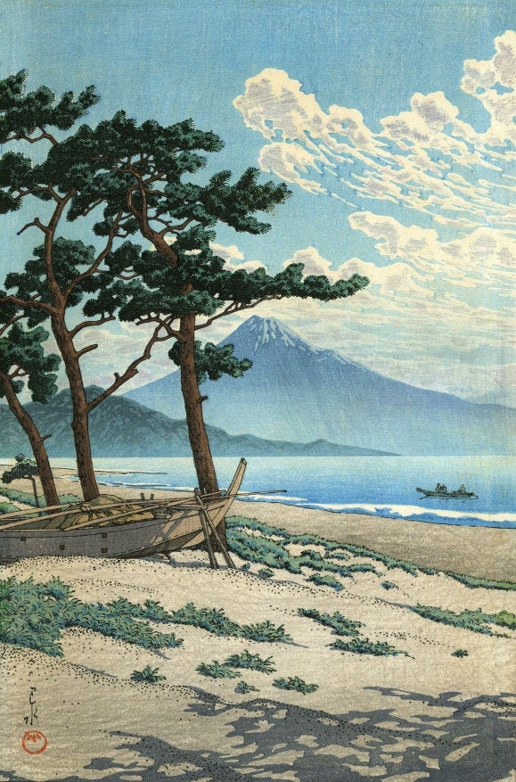 川瀬巴水作「三保の松浜」、木版画、ジクレー、版画、風景、雲
