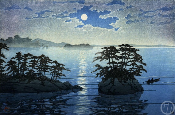 川瀬巴水作「松島二子の月の出」日本美術版画、木版画、ジクレー、版画