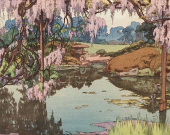 手刷り木版画　井道雅夫　大濠公園藤の花 エディションNO、73／150 吉田博による日本のアートプリント「藤」、木版画、ジクレー、版画