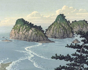 Japanese Art Print "Island in Izu, Midday" by Kawase Hasui, woodblock, giclée, print, asian art, cultural art, ocean waves, seascape, beach