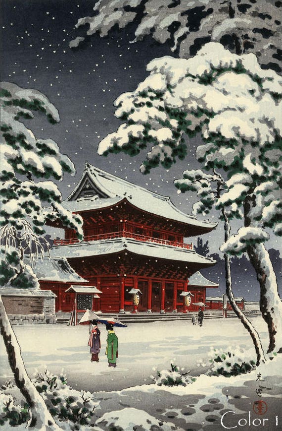 Shiba" KAWASE HASUI Winter Japanese Art Woodblock Print "Snow at Zojoji Temple Shiba" KAWASE HASUI Winter Japanese Art Woodblock Print "Snow at Zojoji Temple