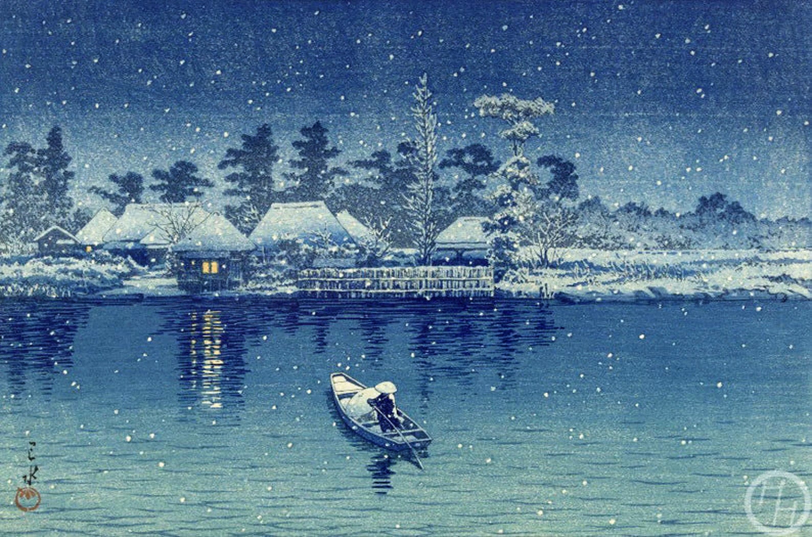 川瀬巴水作「牛堀」、木版画、ジクレー、版画、アジア美術、風景、冬