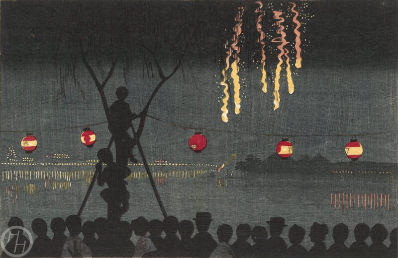 小林清親作「池之端の花火」日本美術版画、木版画、ジクレー