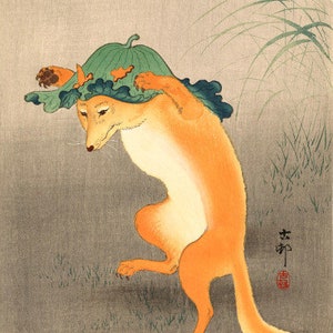 Japanese Art Print "Dancing Fox with Lotus Leaf Hat" by Ohara Koson, woodblock, giclée, print, fine art, asian art, cultural art