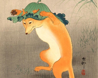 Japanese Art Print &quot;Dancing Fox with Lotus Leaf Hat&quot; by Ohara Koson, woodblock, giclée, print, fine art, asian art, cultural art