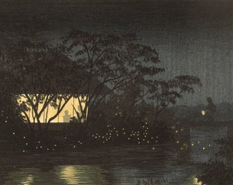 Japanese Art Print full Moon in Magome by Kawase Hasui, Woodblock, Giclée, Print, Asian Art, Cultural Art, Moonlit, Night, Field