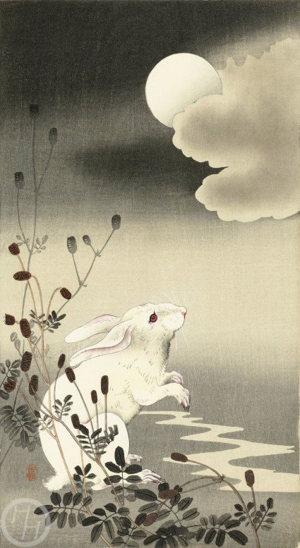 "Weißer Hase unter Vollmond" von Ohara Koson, japanischer Kunstdruck, Holzschnitt, Giclée, Fine Art, asiatische Kunst, moonlit, night