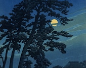 版画　馬駆ける 川瀬巴水作「馬籠満月」、木版画、ジクレー、版画、アジア美術