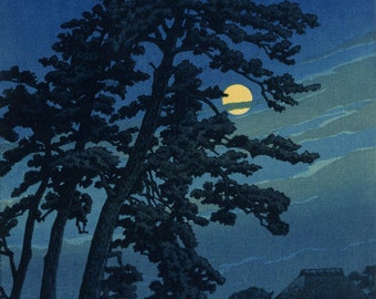 Japanese Art Print &quot;Full Moon in Magome&quot; by Kawase Hasui, woodblock, giclée, print, asian art, cultural art, moonlit, night, field
