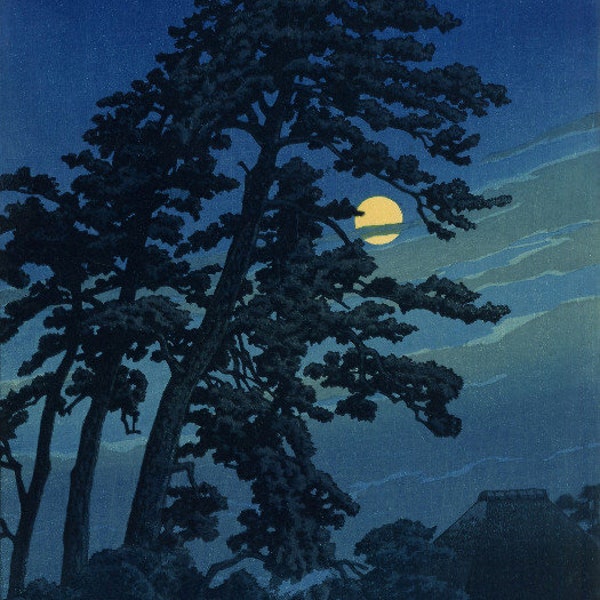 Japanese Art Print "Full Moon in Magome" by Kawase Hasui, woodblock, giclée, print, asian art, cultural art, moonlit, night, field