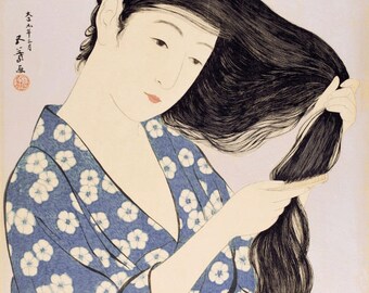 Japanese Art Print "Woman Combing Her Hair" by Hashiguchi Goyo, woodblock print reproduction, fine art, asian art, cultural art