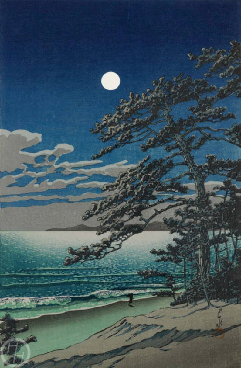 Japanese Art Print Spring Moon at Ninomiya Beach | Etsy