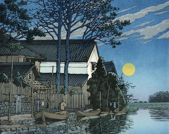 Japanese Art Print "Evening at Itako" by Kawase Hasui, woodblock, giclée, print, cultural art, asian art, clouds, sunset, river, reeds