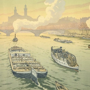 European Art Print "The Trocadéro" by Henri Riviere, woodblock, giclée, print, French art, Paris, France, reflection, river, steam boat