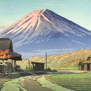 Japanese Art Print &quot;Autumn in Funatsu (Funatsu no aki)&quot; by Kawase Hasui, woodblock, giclée, print, landscape, Fall, Fuji, sunrise