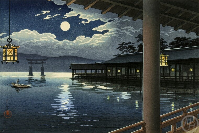 口コミ・レビューで人気商品を探そう 土屋光逸による日本のアートプリント「宮島の夏の月」、木版画 絵画