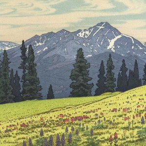 Japanese Art Print &quot;Mt. Holly Cross, Vail, Colorado&quot; by Yoshida Toshi, woodblock, giclée, print, American, mountain, prairie, flowers