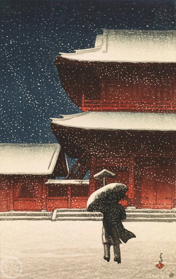 川瀬巴水作「雪の増上寺」日本美術版画、木版画、ジクレー、版画