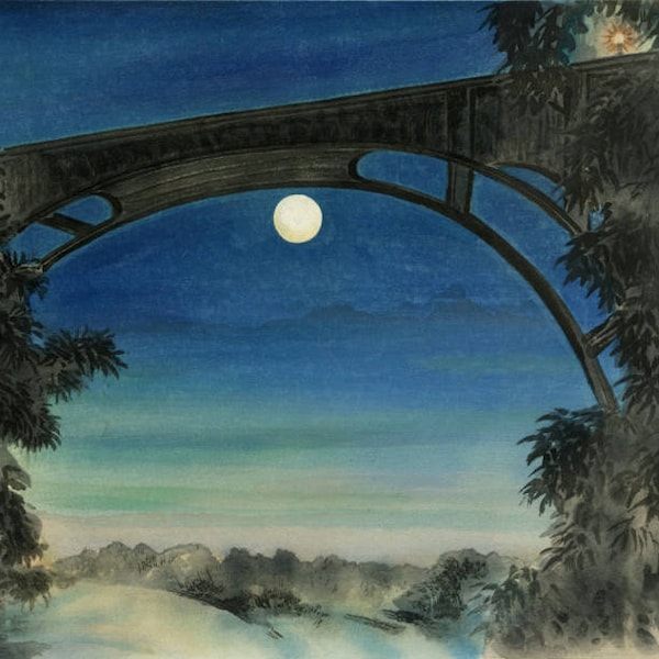 Japanese Art Print "Full Moon, Pasadena, California" by Obata Chiura, woodblock, giclée, print, Asian art, American art, moonlit, bridge