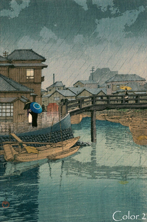 川瀬巴水作「品川両志町の梅雨」木版画、ジクレー、版画、アジア美術