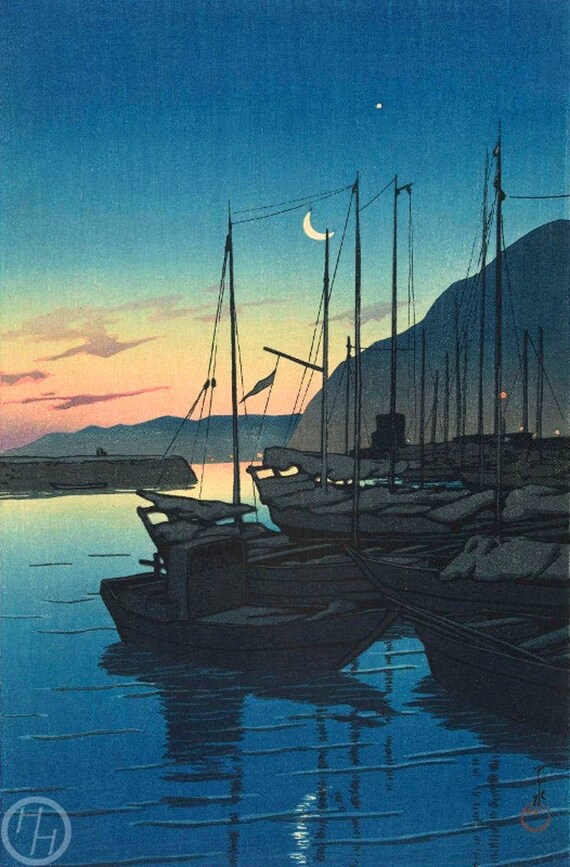 川瀬巴水作「別府の夜明け」、木版画、ジクレー、版画、アジア美術