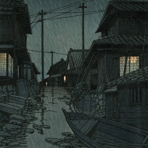 Japanese Art Print "Night Rain at Kawarako, Ibaragi Prefecture" by Kawase Hasui, woodblock, giclée, print, asian art, rainy night, storm