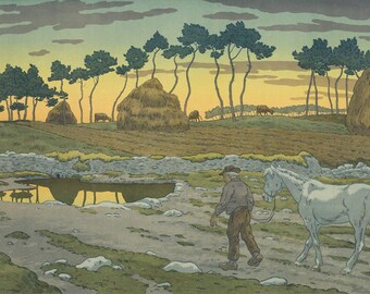 ヨーロッパのアートプリント「夕暮れ」アンリ・リヴィエール作、木版画