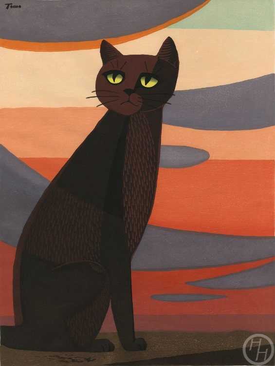 木版画 真作保証 - Yahoo!オークション 稲垣知雄　木版画　「ペンダントの猫」 稲垣知雄 WOODBLOC ORIGINAL 猫 版画