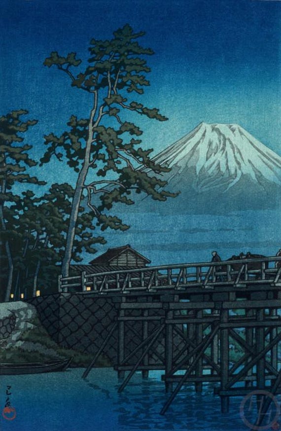 川瀬巴水作「月光富士河口橋」木版画、ジクレー版画、風景画、田園風景