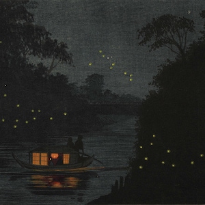 Japanischer Kunstdruck &quot;Glühwürmchen bei Ochanomizu&quot; von Kobayashi Kiyochika, Holzschnitt, Giclée, Druck, asiatische Kunst, Lightning Bugs, Fähre, Boot&quot;