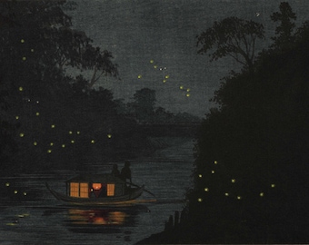 Japanese Art Print "Fireflies at Ochanomizu" by Kobayashi Kiyochika, woodblock, giclée, print, asian art, lightning bugs, ferry, boat