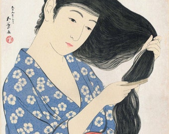 Japanese Art Print "Woman Combing Her Hair" by Hashiguchi Goyo, woodblock, giclée, print, fine art, asian art, cultural art