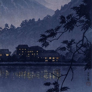 Japanese Art Print &quot;Yumoto Hotsprings in Nikko&quot; by Kawase Hasui, woodblock, giclée, print, night, lake, reflection, mountain, mist