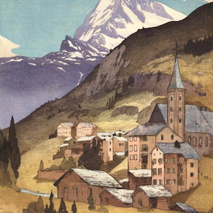 Japanese Art Print &quot;The Matterhorn Day/Night&quot; from the European Series by Yoshida Hiroshi, woodblock, giclée, print, mountain peak, Alps