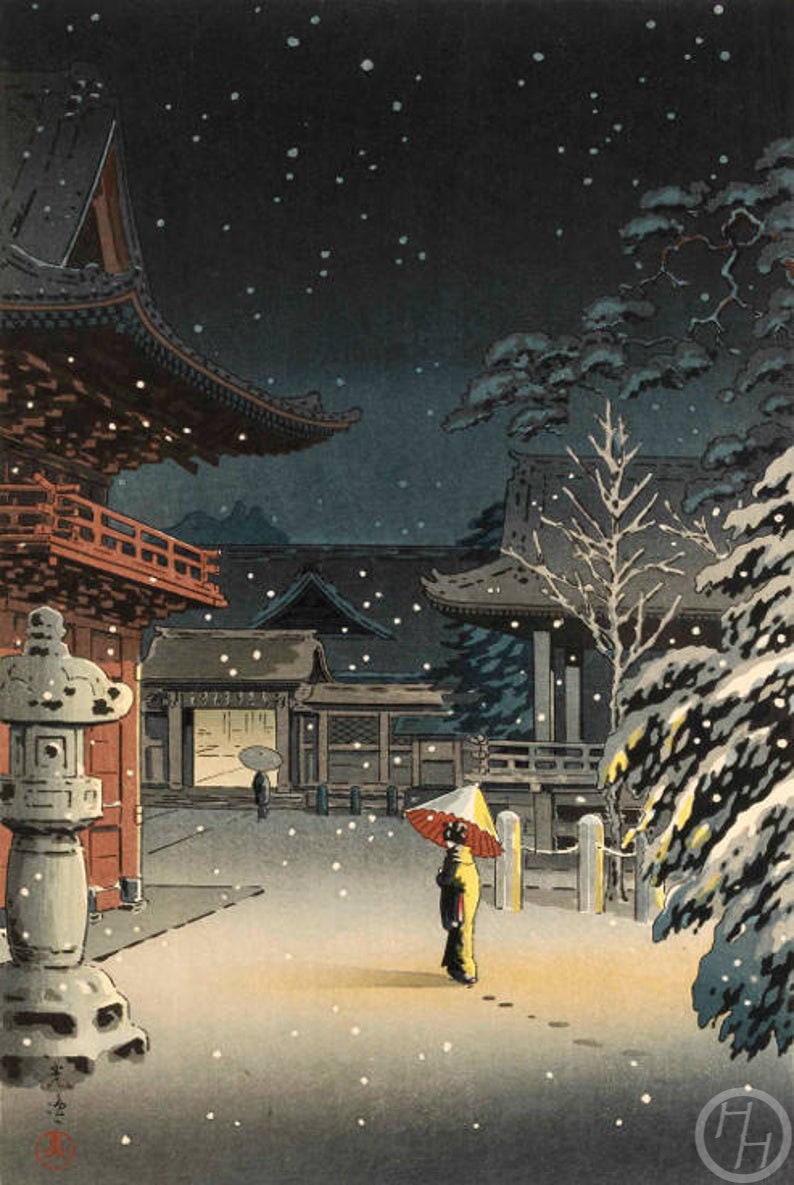 Japanese Art Print Snow at Nezu Shrine Woman in image 1