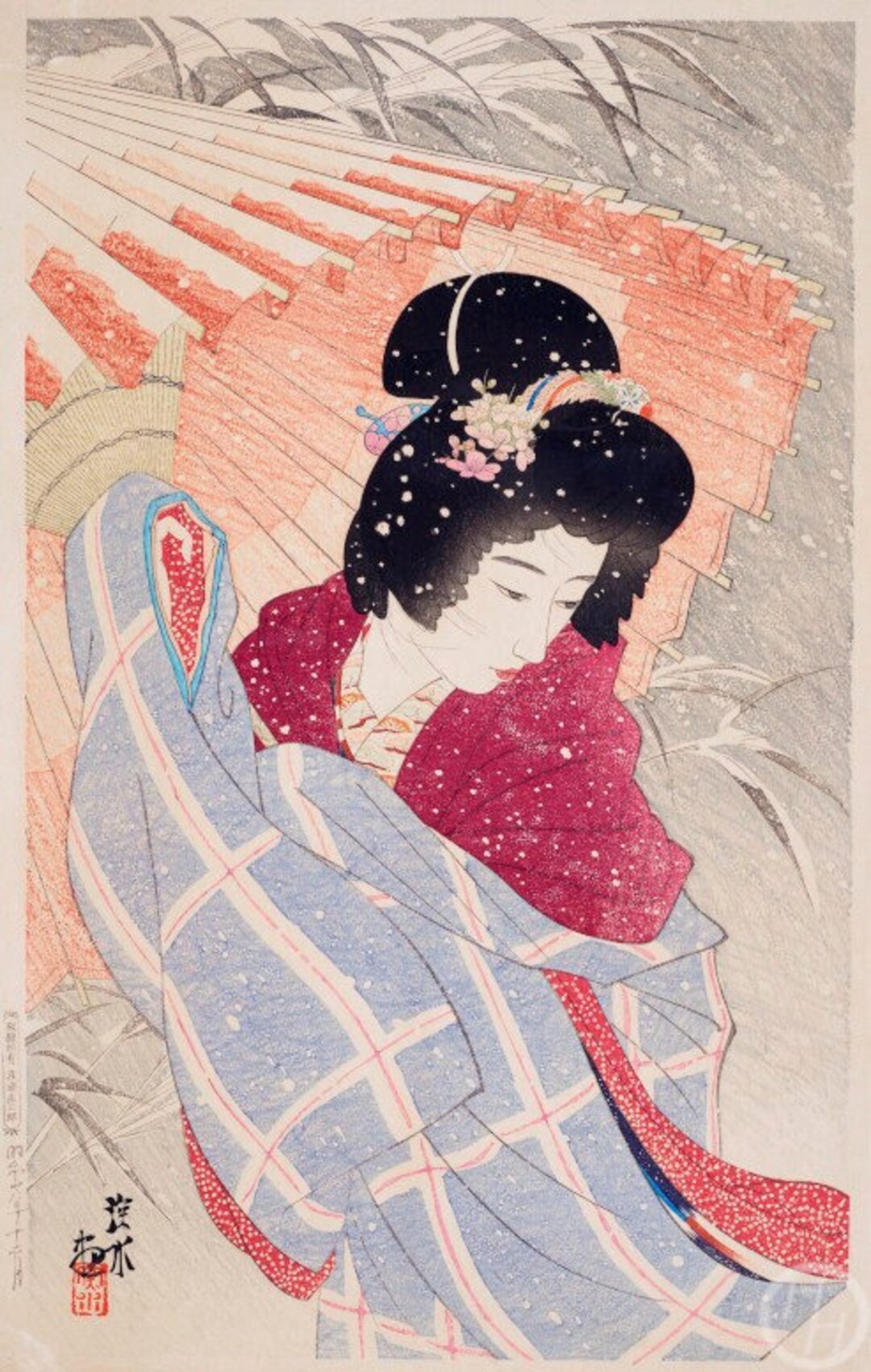 人間国宝 伊東深水 雪の夜 版画