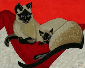 Impression d'art japonais "Chats siamois" par Sekino Jun'ichiro, gravure sur bois, giclée, impression, art culturel, art asiatique, maison, chat, chaton