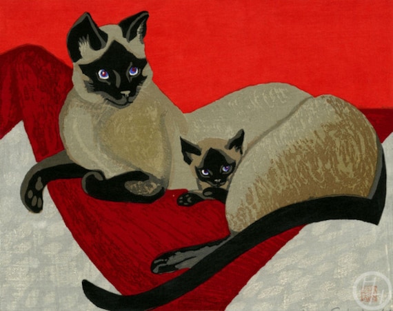 日本のアートプリント「シャム猫」関野純一郎作、木版画