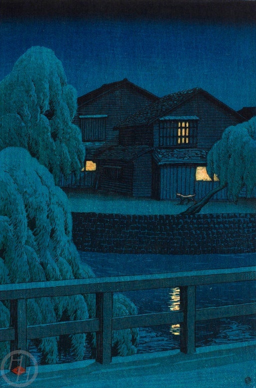 川瀬巴水作「新潟五彩運河」、木版画、ジクレー、版画、アジア美術