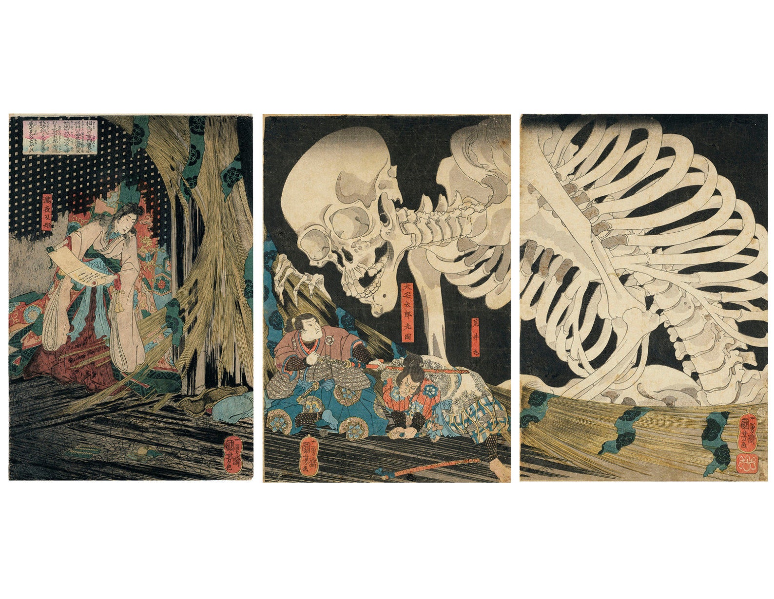 Japanese Art 3 Panel Print Set "In the Ruined Palace at Sōma" by ...